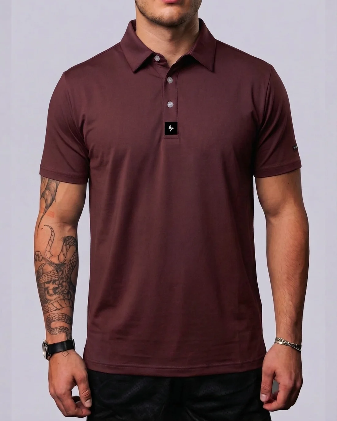 Model wearing the Byrd Gang Maroon men’s polo